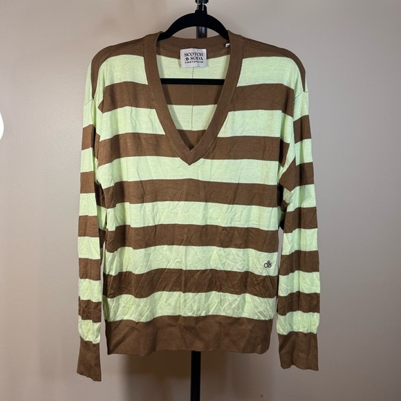 Scotch & Soda Other - Scotch & Soda Brown and Cream Striped V-Neck Sweater
